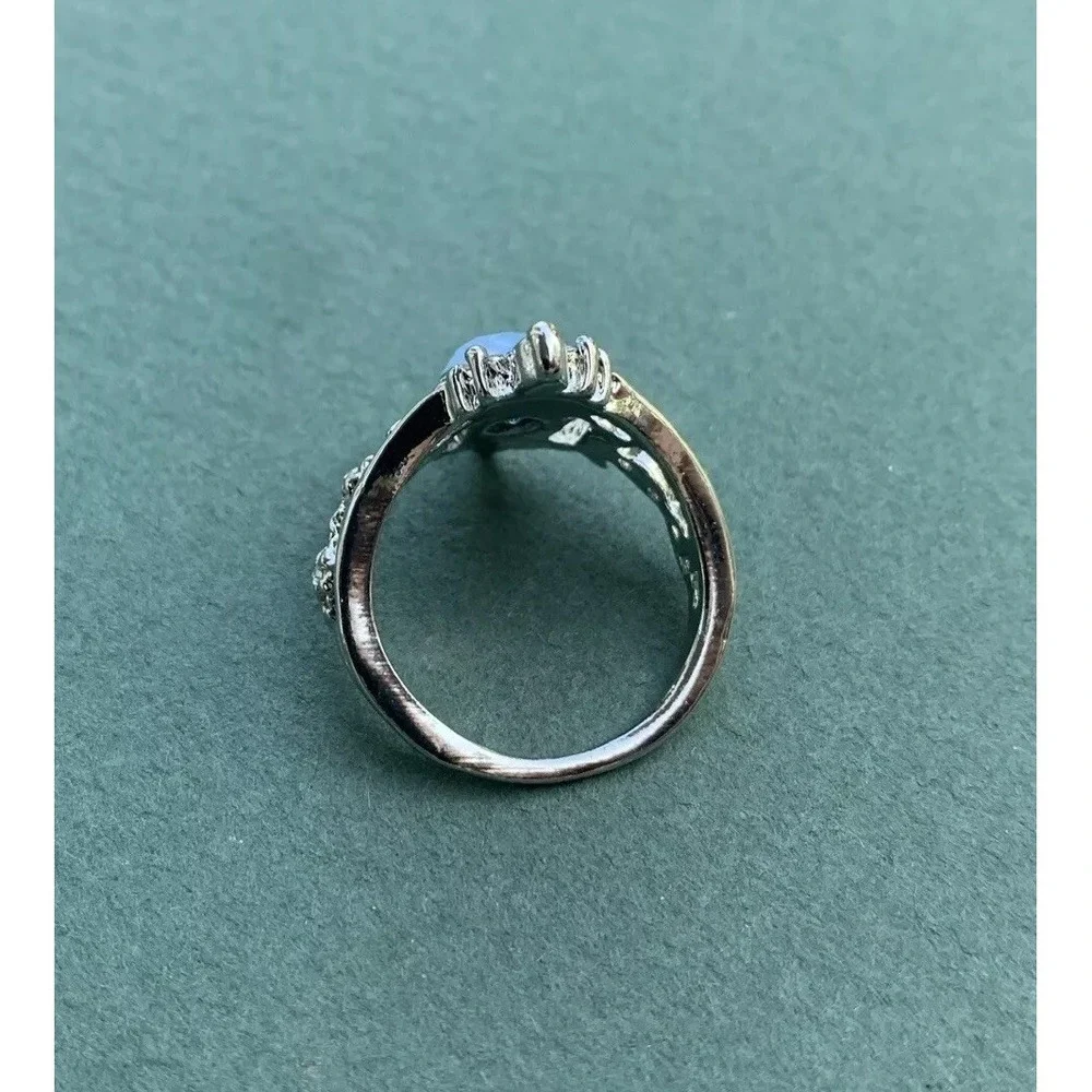 Elaborate Moonstone Crown Fashion Ring. Silver Tone With Clear Crystals Size 7.5